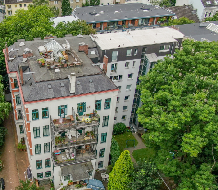 Luftbild mit Rooftop-Terrace Penthousewohnung Hamburg