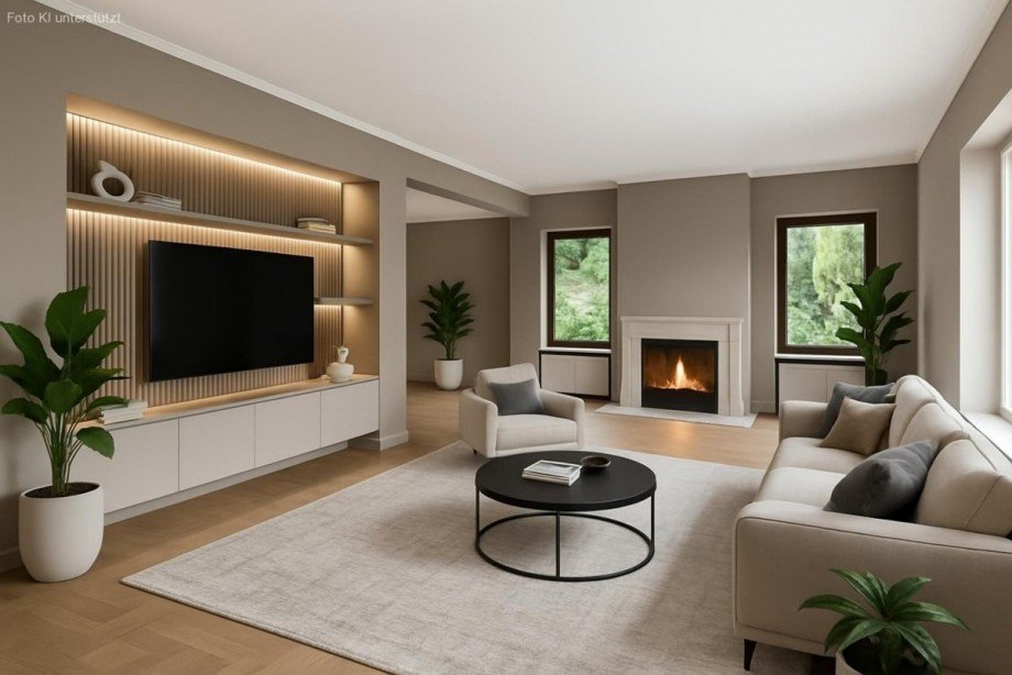 Wohnzimmer mit Appendix im EG (Gestaltungsvorschlag KI-generiert) Einfamilienhaus Großhansdorf